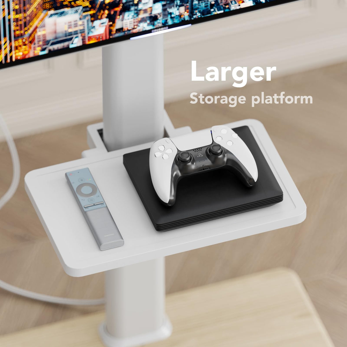 Mobile TV Stand with Power Outlets & Shelf, 27-65 Inch Swivel Height Adjustable White A3682