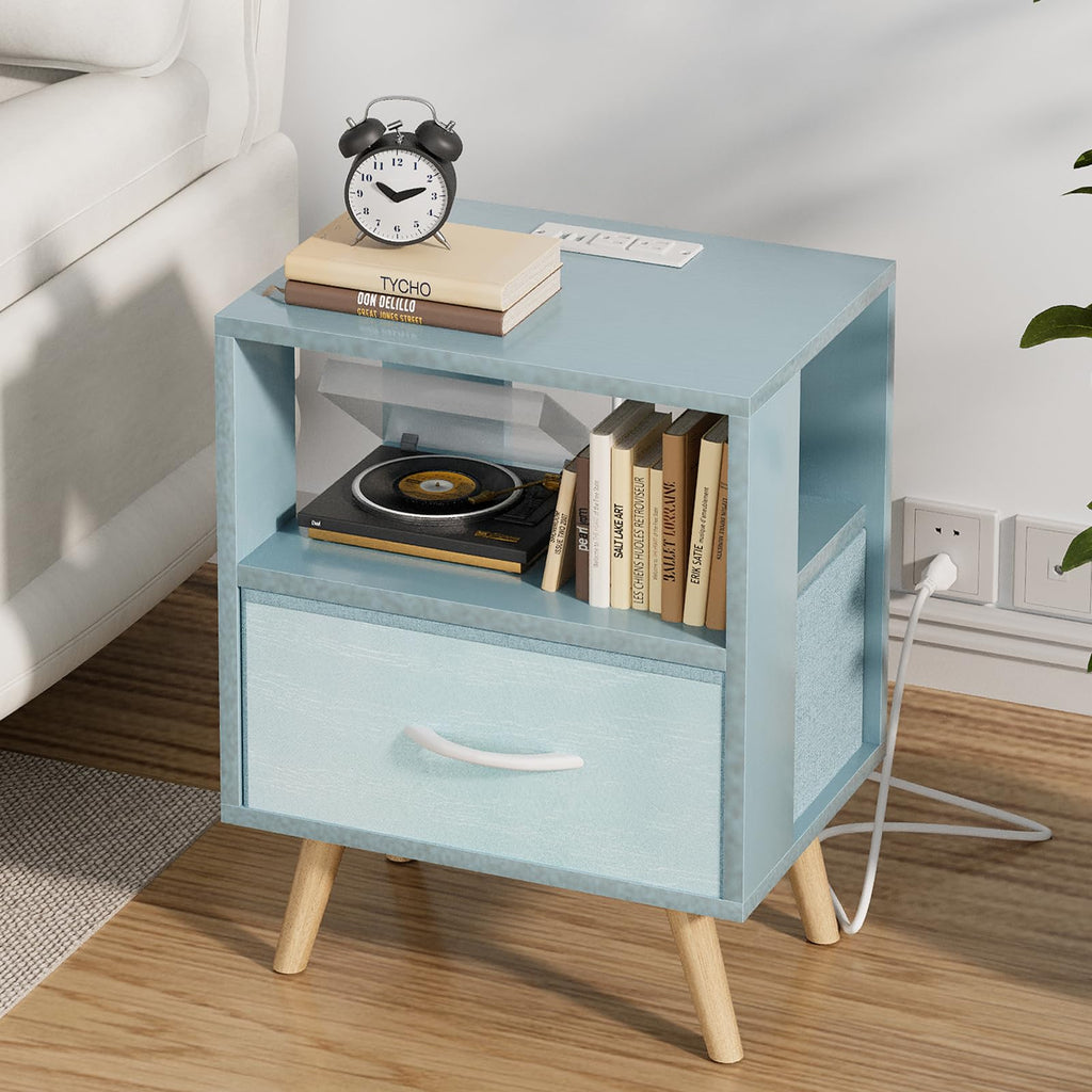 Blue Nightstand with Charging Station, 2-Tier Wooden Bedside Table V79515