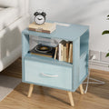 Blue Nightstand with Charging Station, 2-Tier Wooden Bedside Table V79515