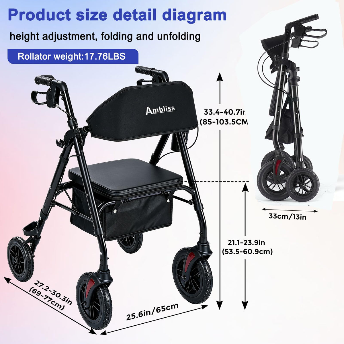 Lightweight Folding Rollator Walker with Seat, 10" All-Terrain Wheels, Black B972418