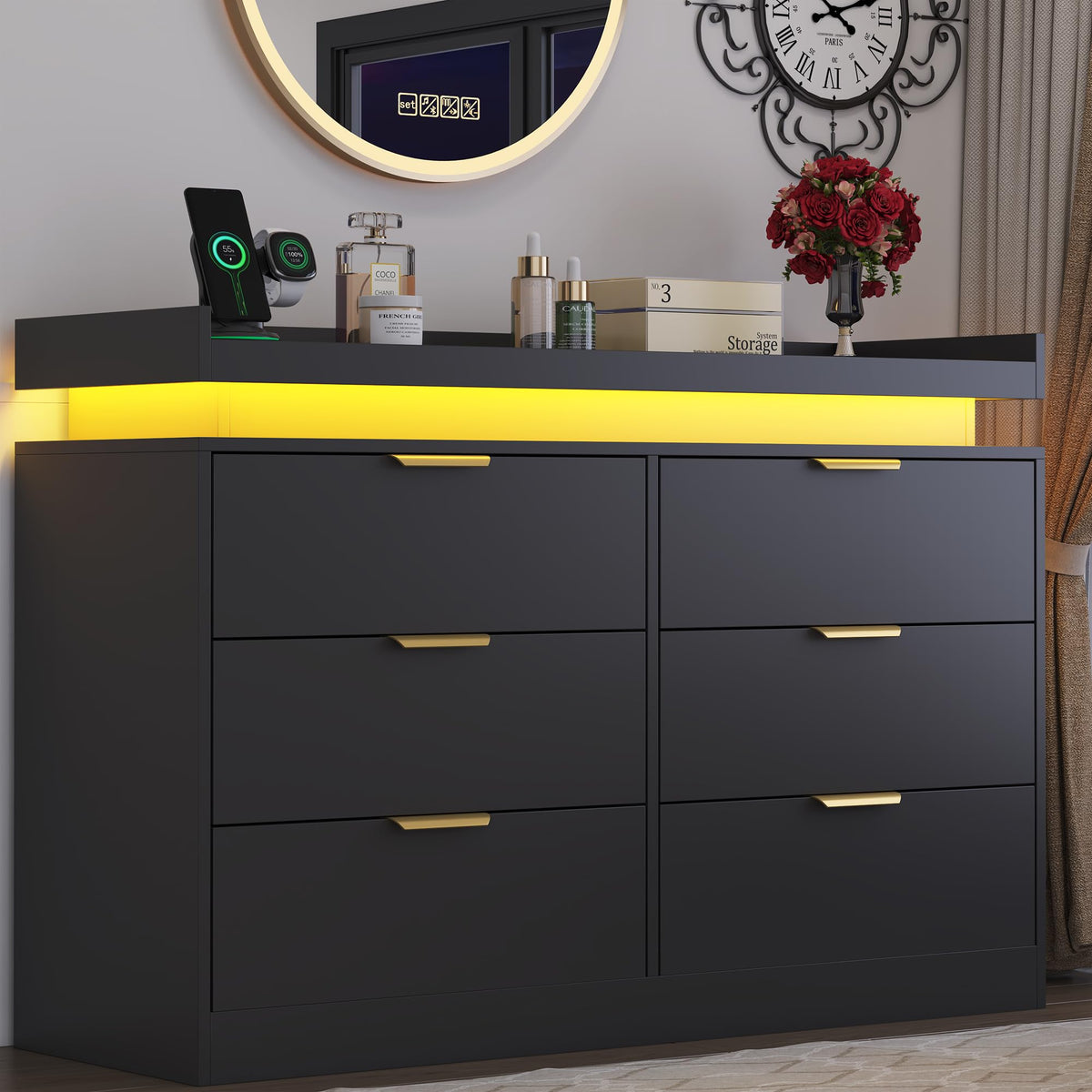 Black 6 Drawer Wood Dresser with LED Lights and Power Outlet L142