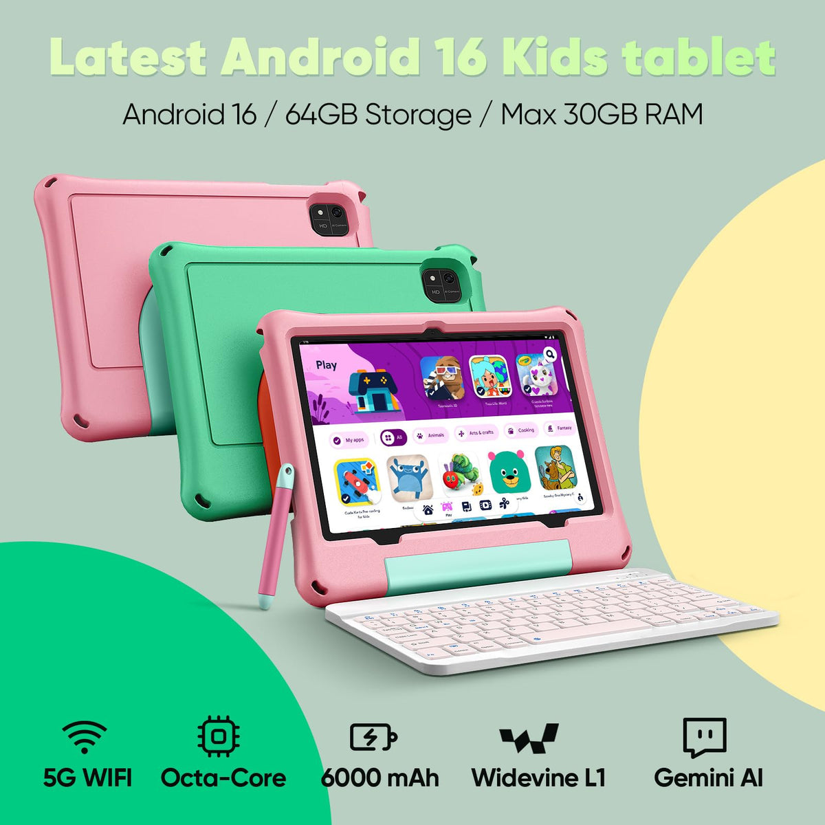 Kids Tablet 10 inch Octa-Core 30GB RAM 64GB ROM with Case Keyboard Mouse Stylus Pink E7008