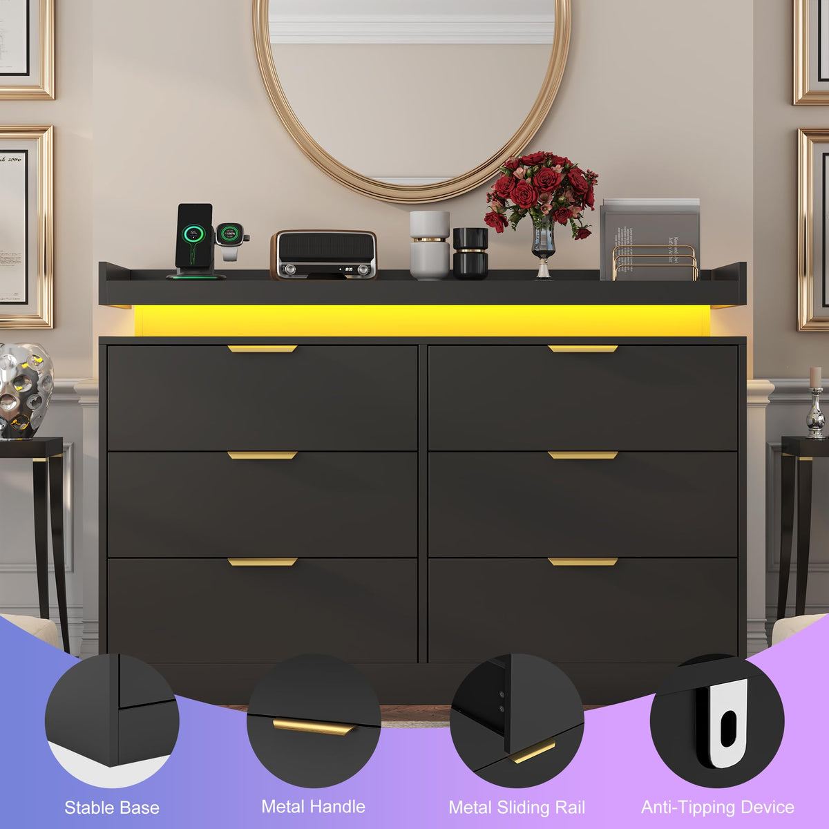 Black 6 Drawer Wood Dresser with LED Lights and Power Outlet L142