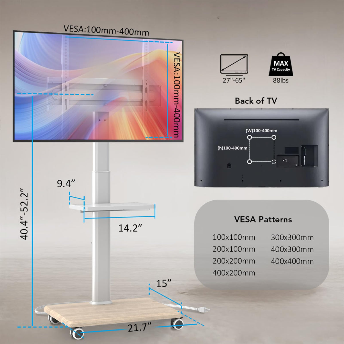 Mobile TV Stand with Power Outlets & Shelf, 27-65 Inch Swivel Height Adjustable White A3682