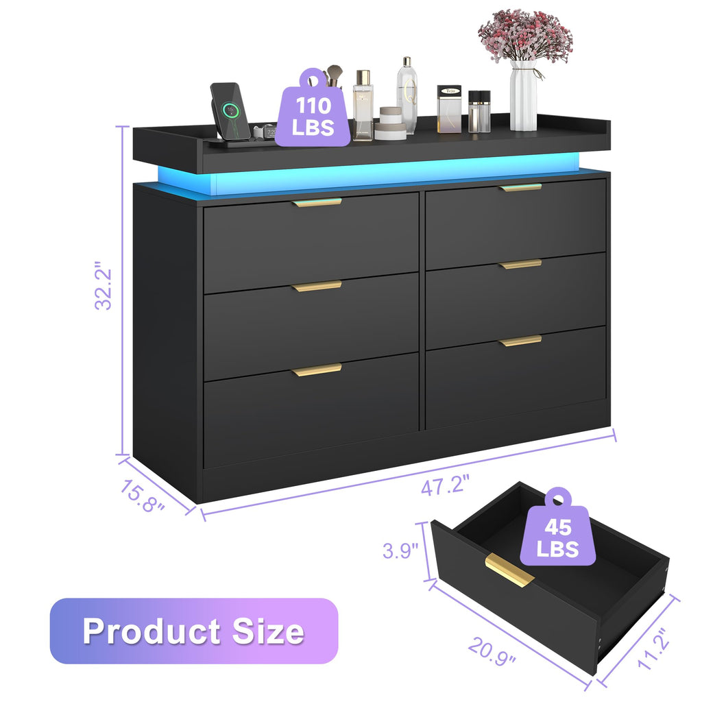 Black 6 Drawer Wood Dresser with LED Lights and Power Outlet L142