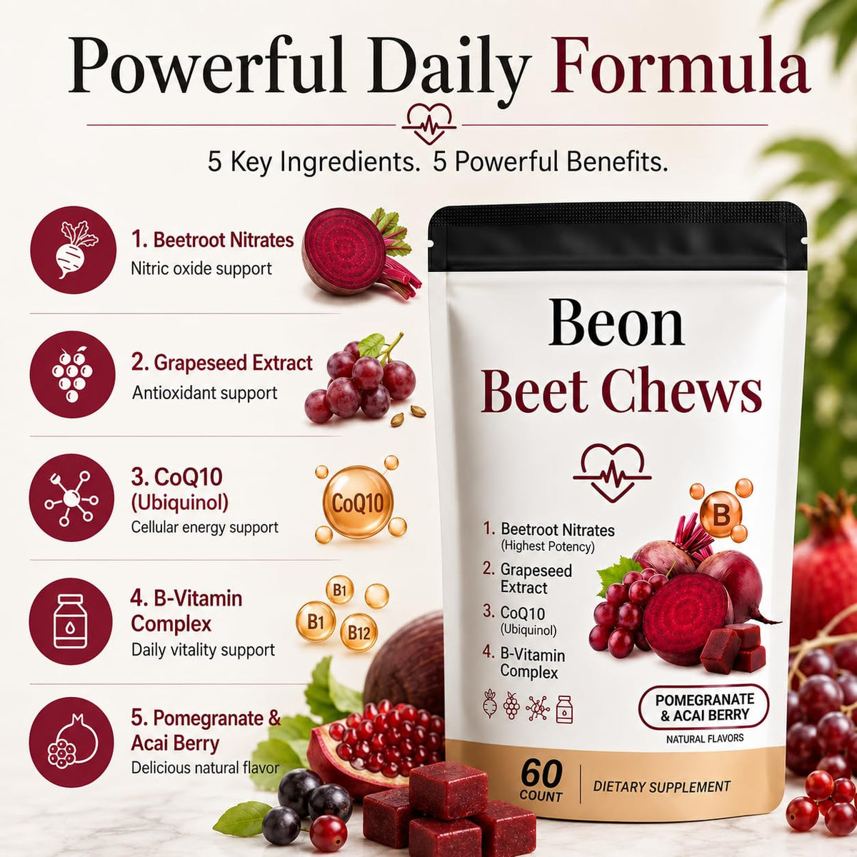 Beetroot Chews Gummies with Grape Seed & L-CoQ10, 60 Chew B510