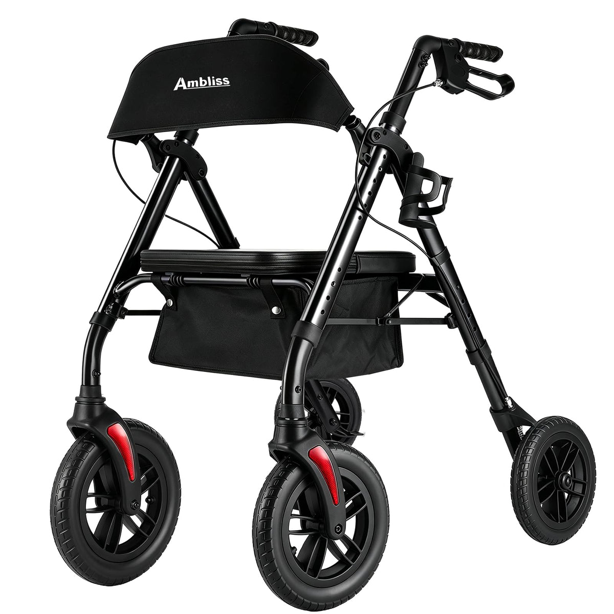 Lightweight Folding Rollator Walker with Seat, 10" All-Terrain Wheels, Black B972418