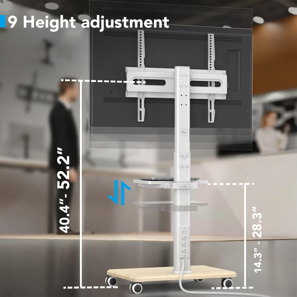 Mobile TV Stand with Power Outlets & Shelf, 27-65 Inch Swivel Height Adjustable White A3682