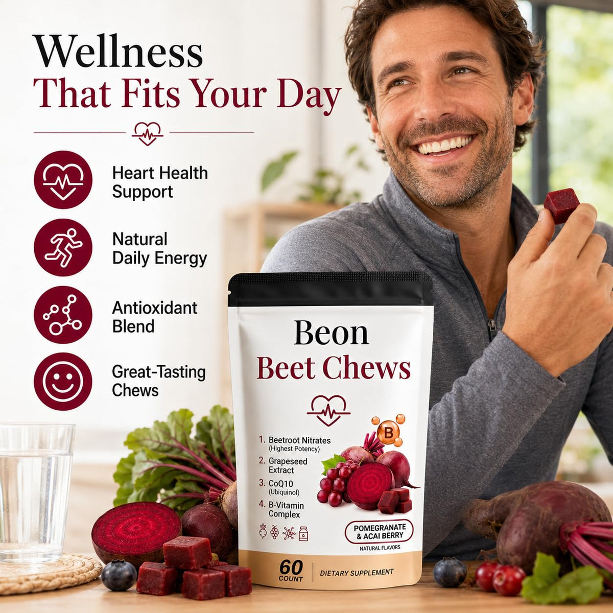 Beetroot Chews Gummies with Grape Seed & L-CoQ10, 60 Chew B510