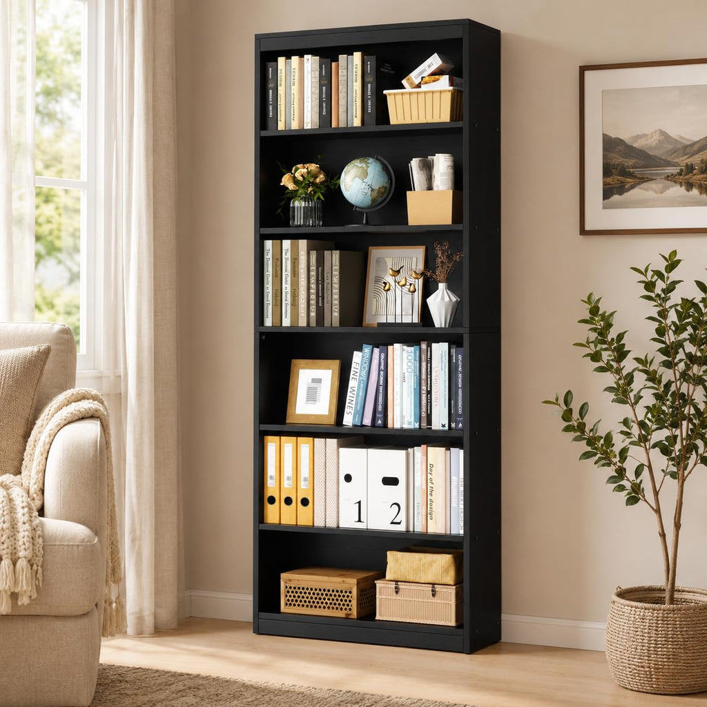 6-Tier Black Wood Bookshelf P7570
