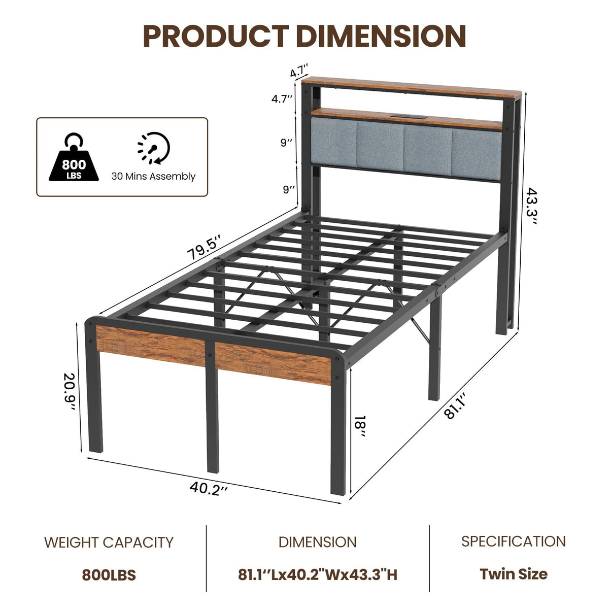 Twin Bed Frame with 18-Inch Under-Bed Storage and RGB LED Lights E2433