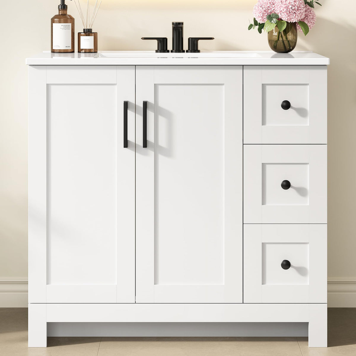 36" White Bathroom Vanity with Sink, 2 Soft-Close Drawers & Doors X720100