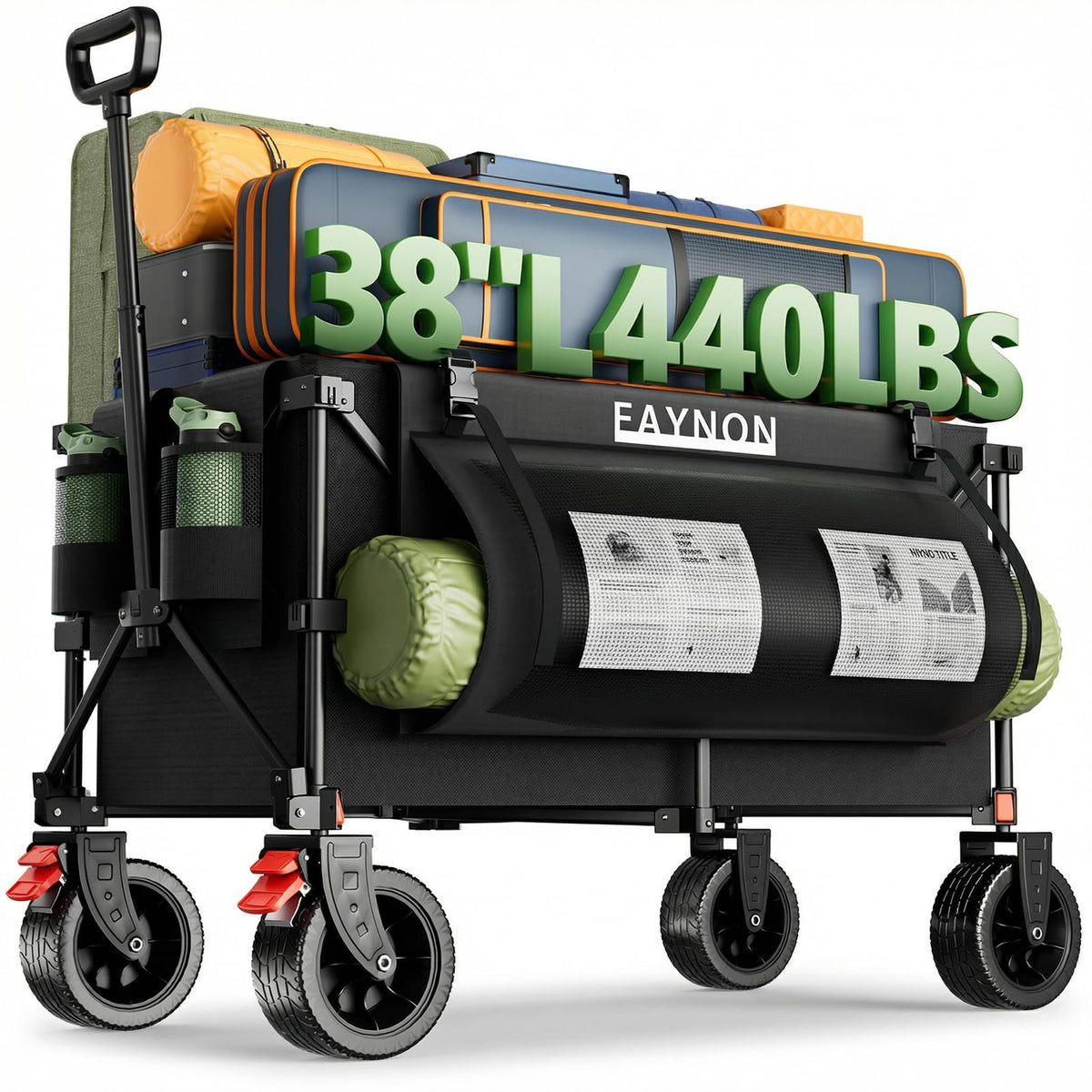 38" Collapsible Extended Wagon, 440lbs Capacity, 220L Heavy Duty Folding Cart, Black G526496
