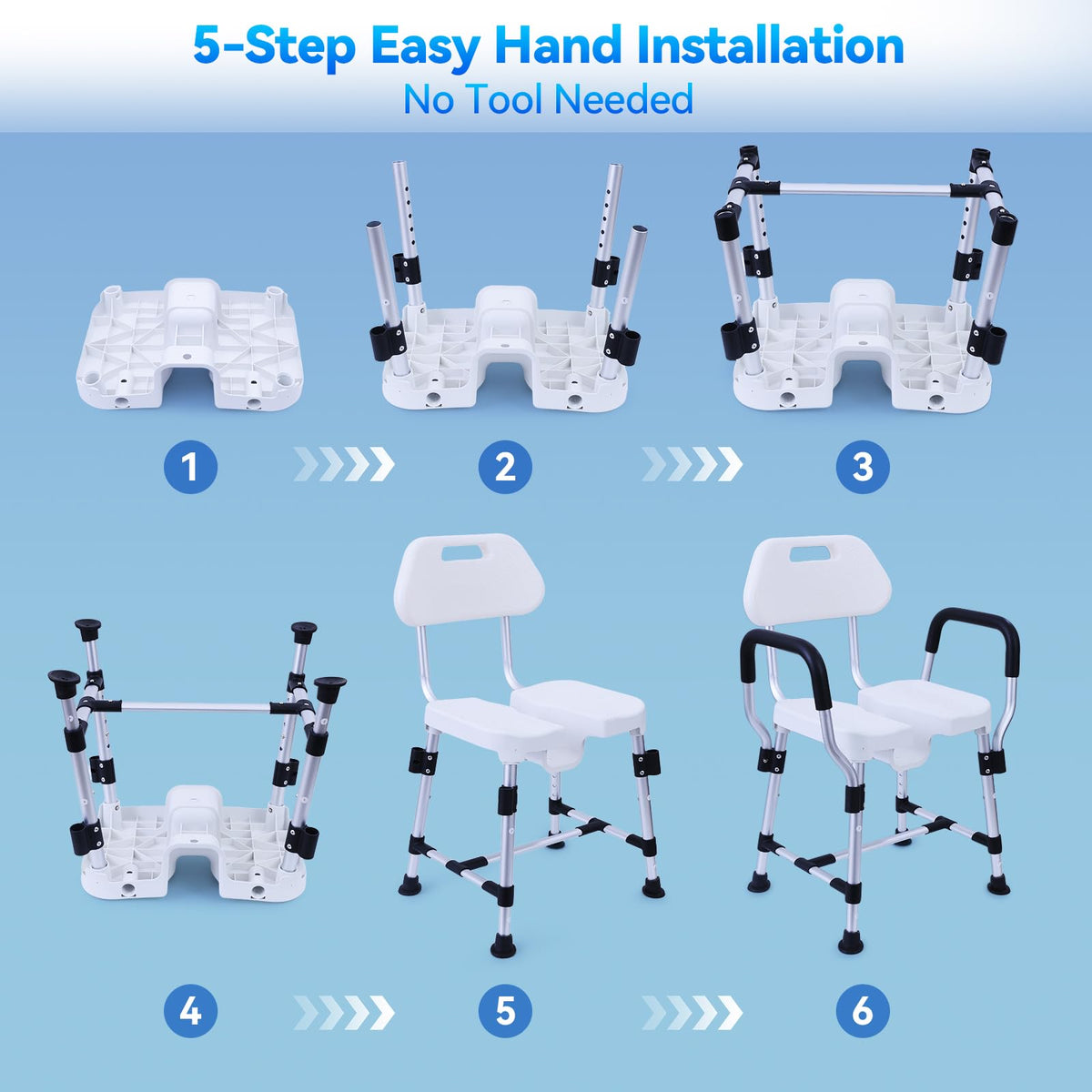 U-Shaped Shower Chair, 400 lbs Capacity, Adjustable Height, Blue I955