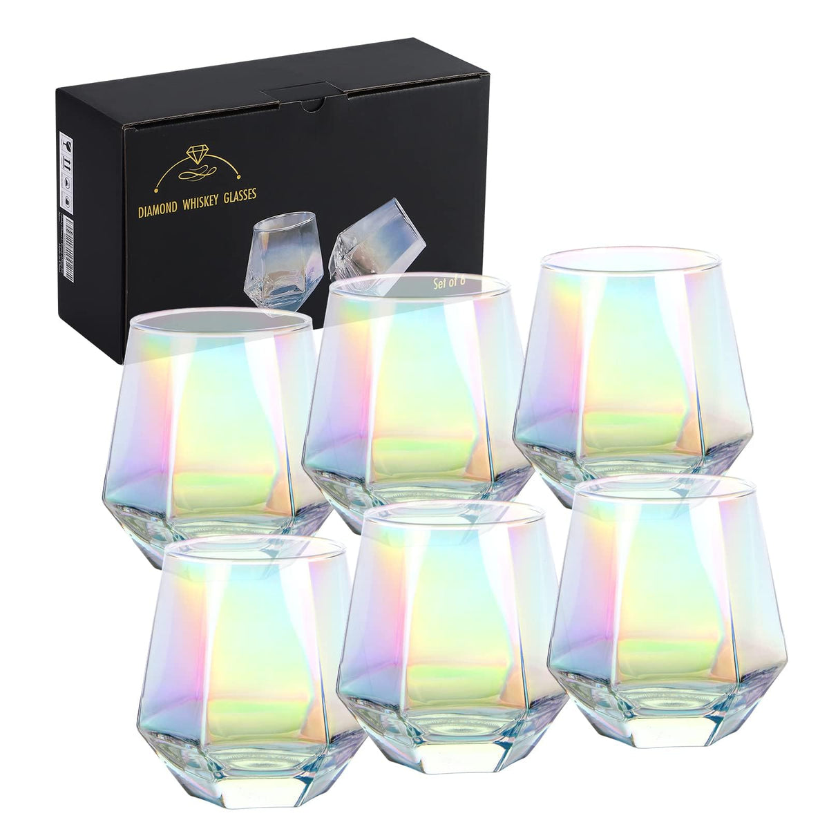 Stemless Wine Glasses Set of 6, 10 Oz Iridescent Diamond Shaped Glassware Q405594