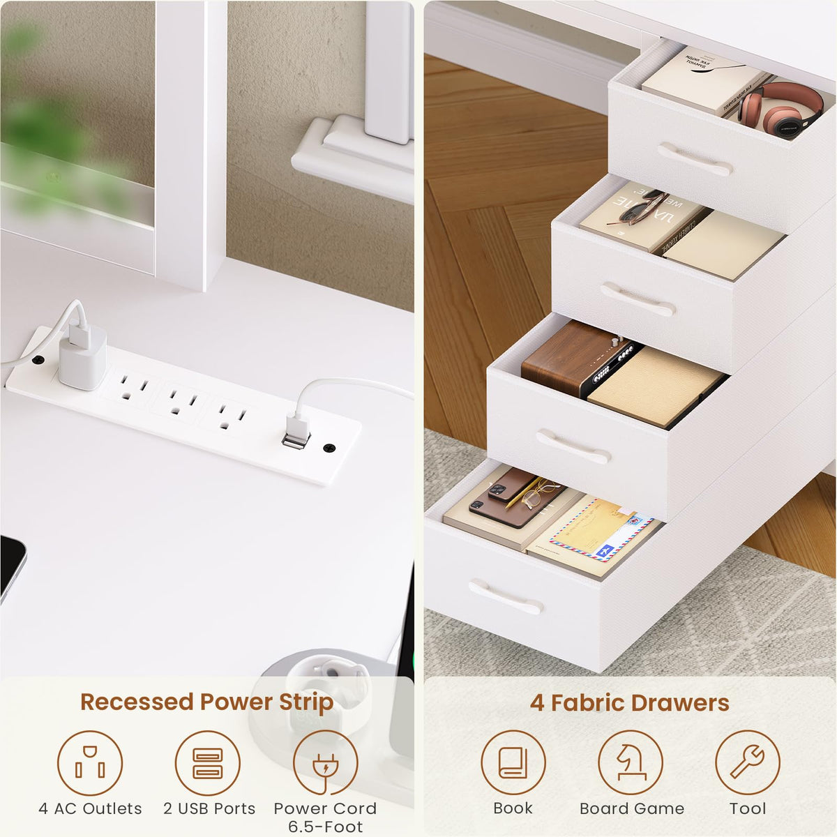 L Shaped Corner Desk with 4 Drawer, Power Outlet & LED Lights, White K879258