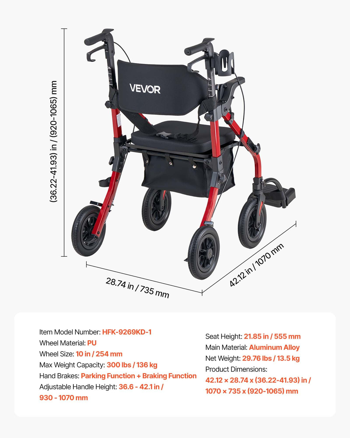 2-in-1 Foldable Aluminum Rollator Walker & Transport Chair B274