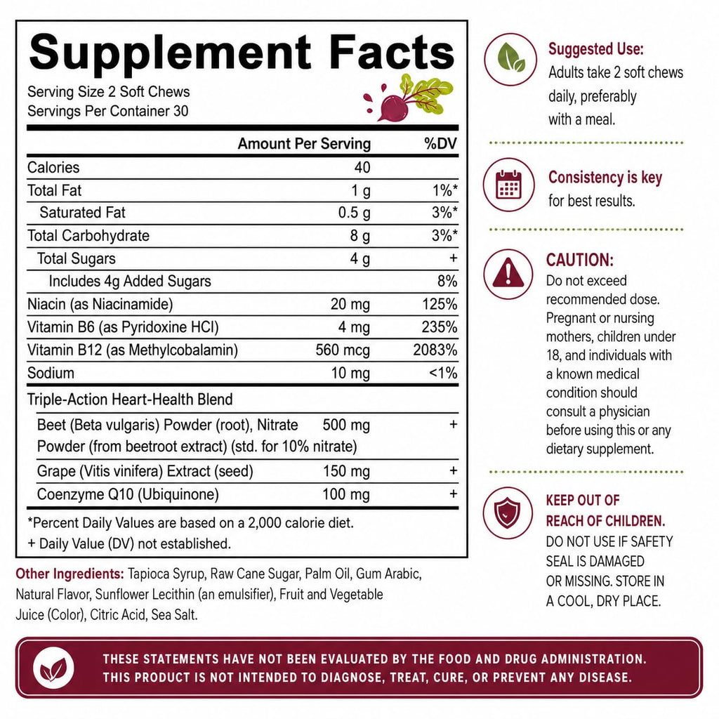 Beetroot Chews Gummies with Grape Seed & L-CoQ10, 60 Chew B510