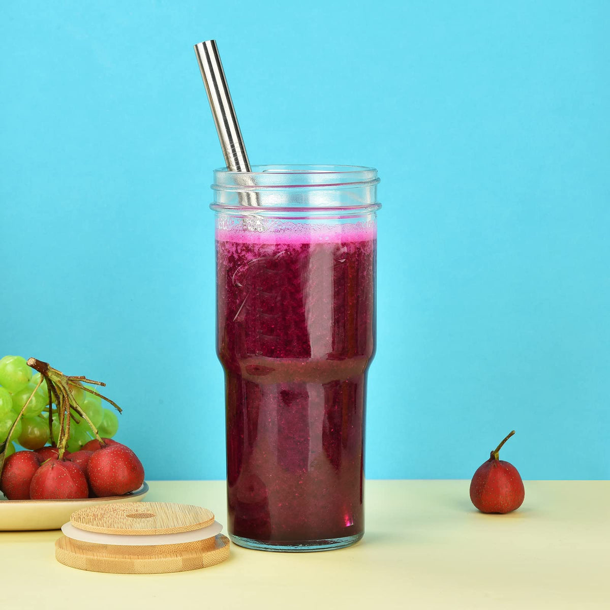 4-Pack 24 OZ Glass Cups with Bamboo Lids and Straws S2701