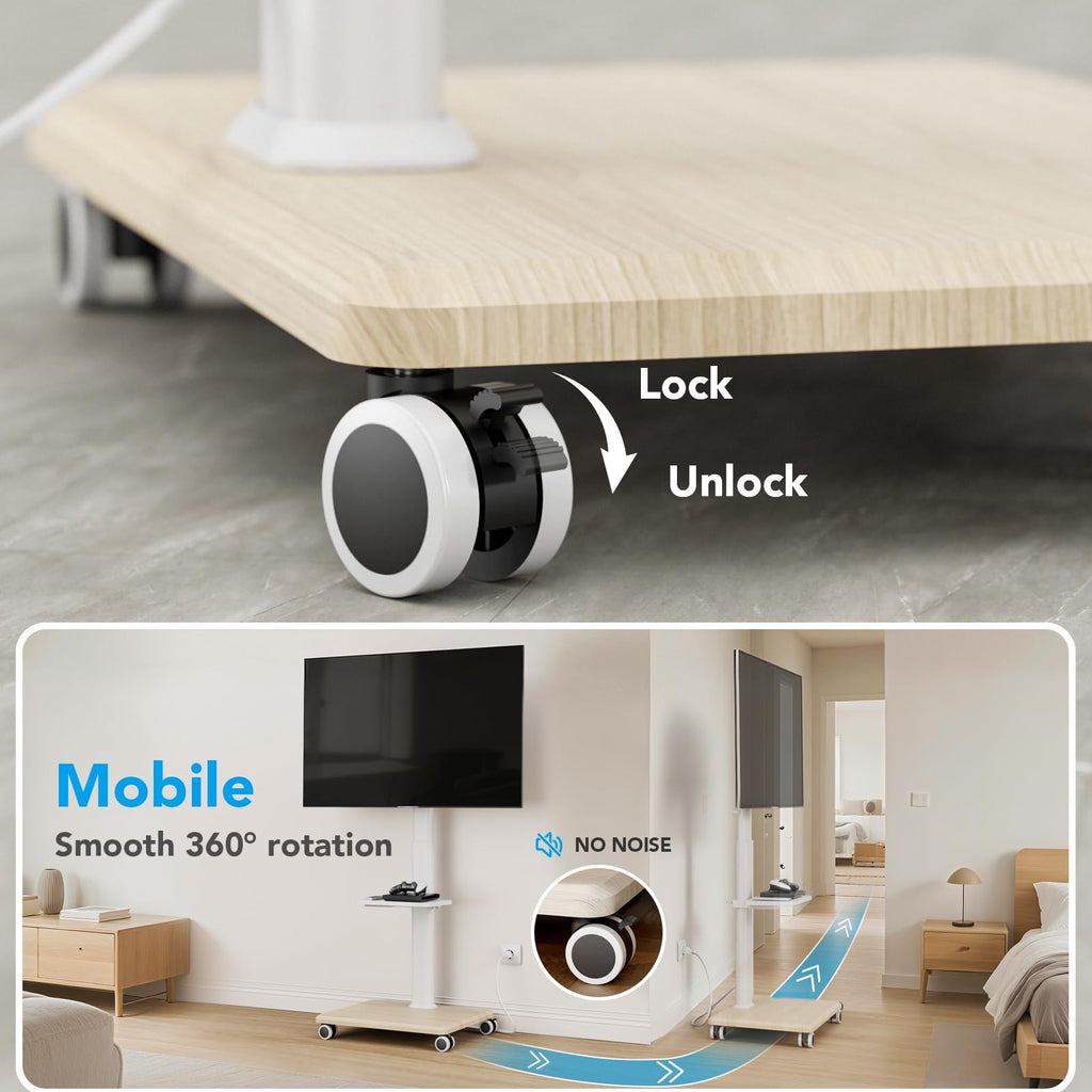 Mobile TV Stand with Power Outlets & Shelf, 27-65 Inch Swivel Height Adjustable White A3682