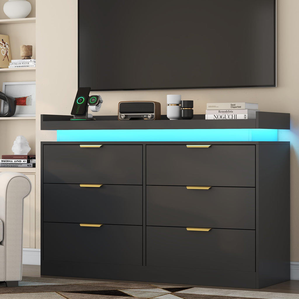 Black 6 Drawer Wood Dresser with LED Lights and Power Outlet L142