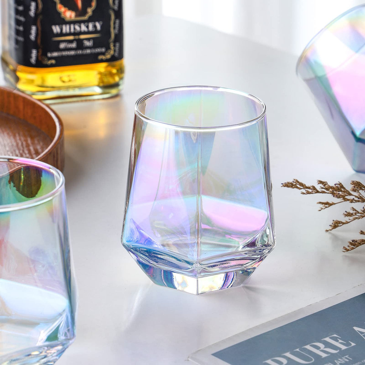 Stemless Wine Glasses Set of 6, 10 Oz Iridescent Diamond Shaped Glassware Q405594