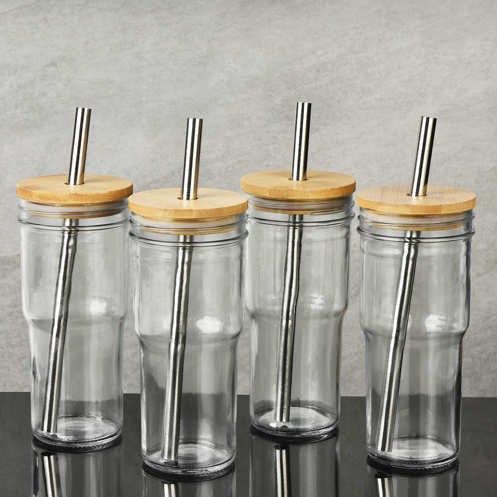 4-Pack 24 OZ Glass Cups with Bamboo Lids and Straws S2701