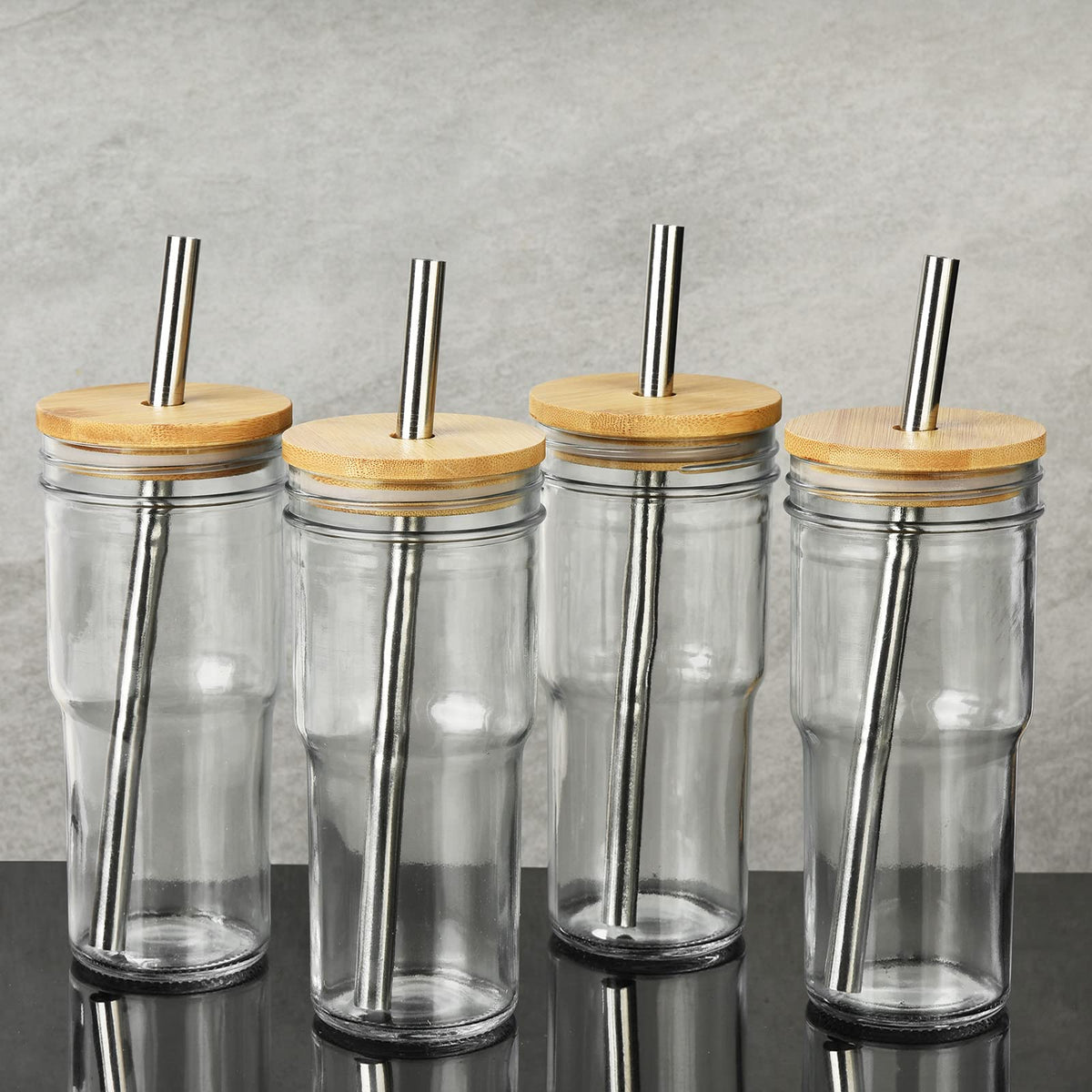 4-Pack 24 OZ Glass Cups with Bamboo Lids and Straws S2701