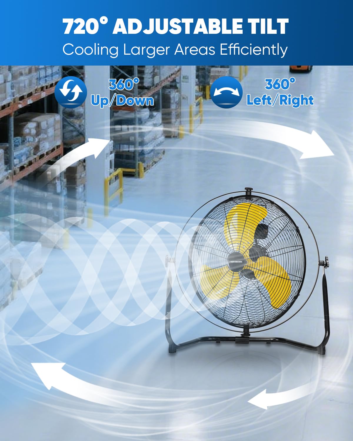 20 Inch Heavy Duty Industrial Metal Floor Fan with Dual 720° Rotation, 3 Speeds A2343