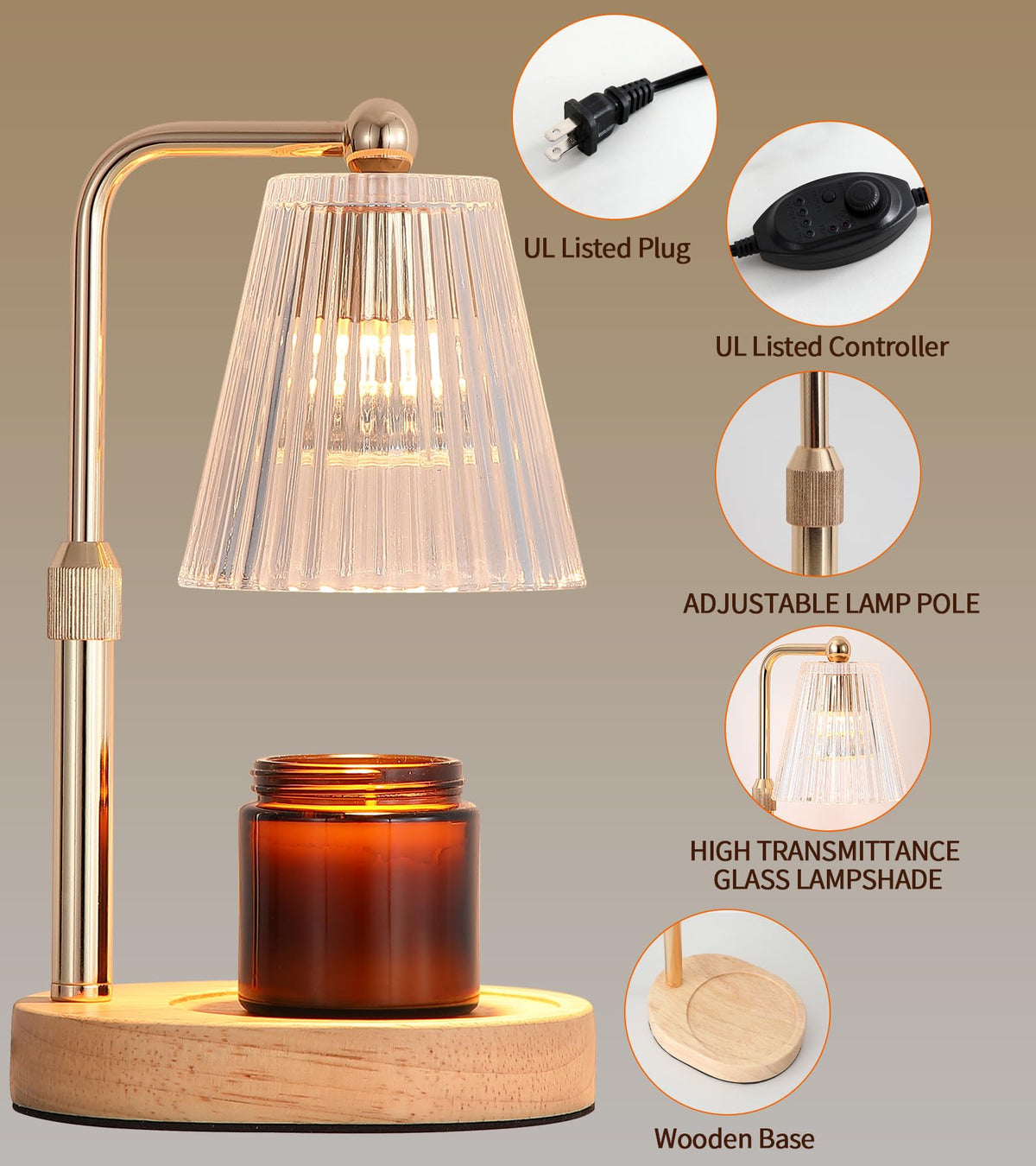 Gold Candle Warmer Lamp with Timer Dimmable with 2 Bulbs L8469