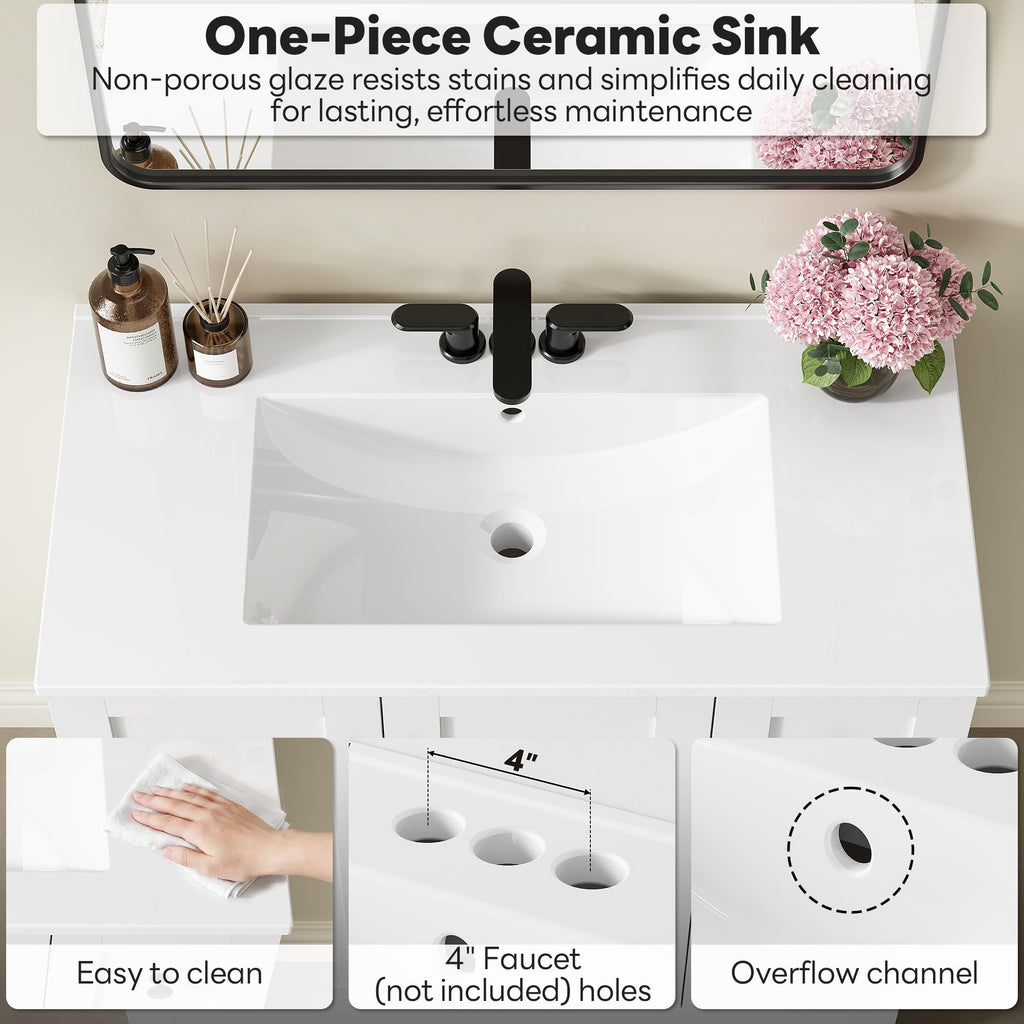 36" White Bathroom Vanity with Sink, 2 Soft-Close Drawers & Doors X720100