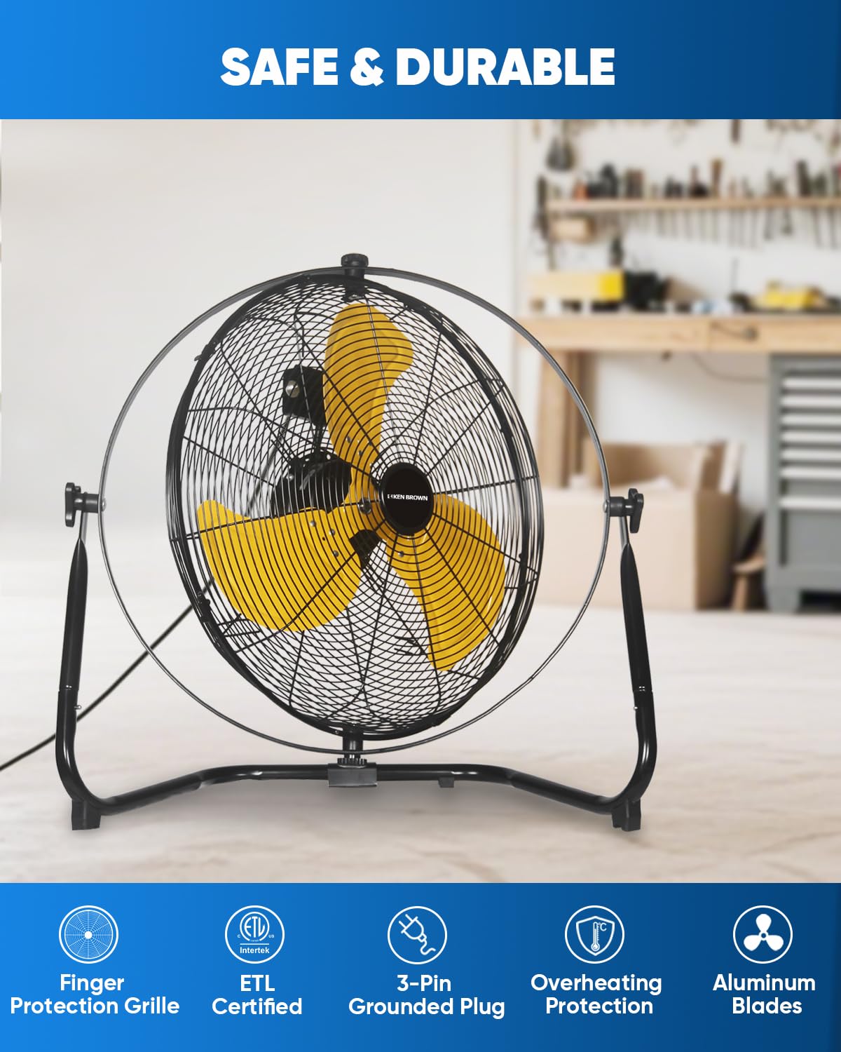 20 Inch Heavy Duty Industrial Metal Floor Fan with Dual 720° Rotation, 3 Speeds A2343