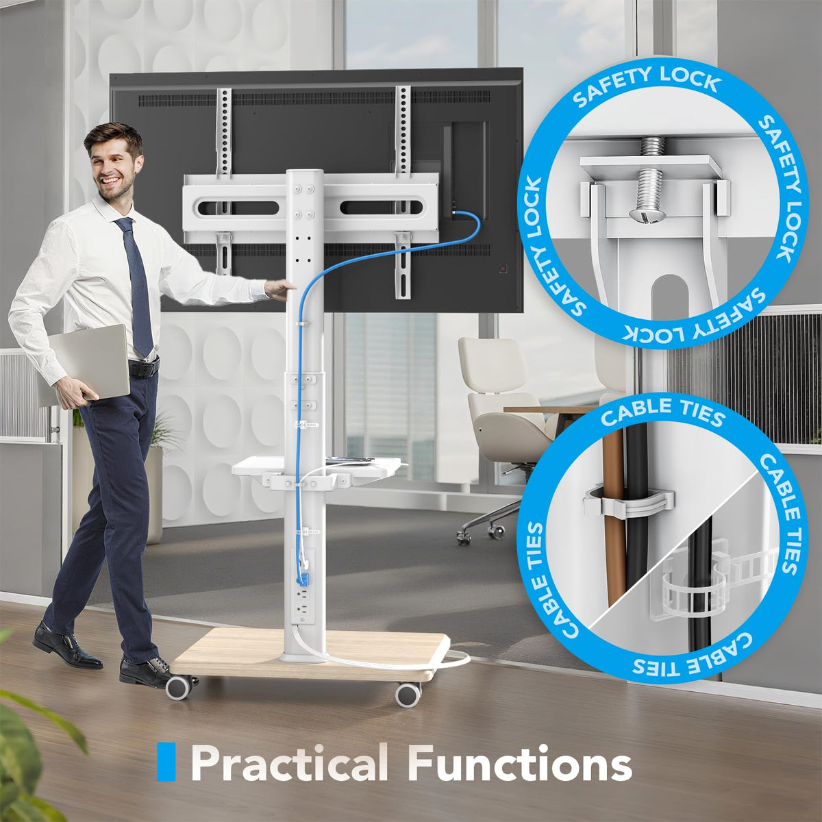 Mobile TV Stand with Power Outlets & Shelf, 27-65 Inch Swivel Height Adjustable White A3682