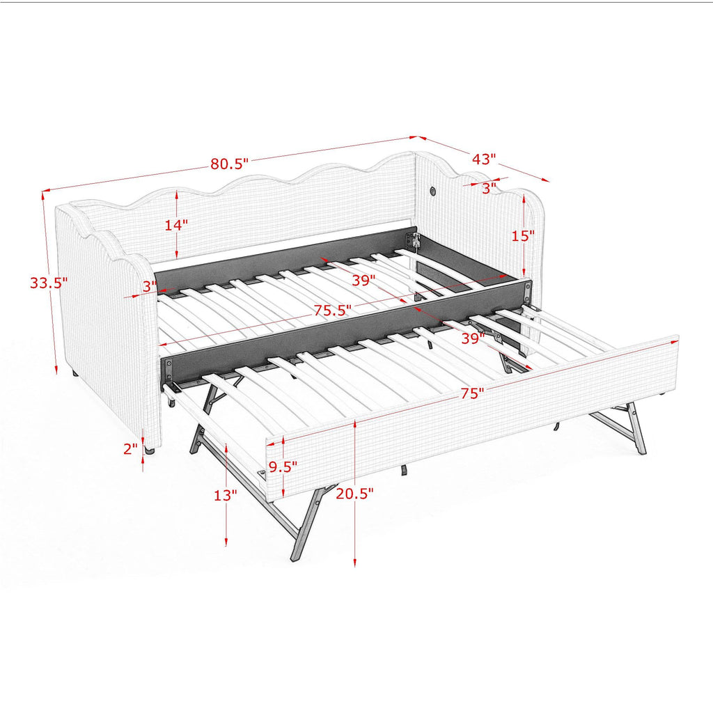 Twin Size Upholstered Daybed with Trundle and USB Port V7581