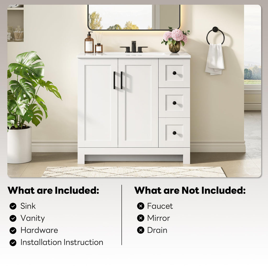 36" White Bathroom Vanity with Sink, 2 Soft-Close Drawers & Doors X720100