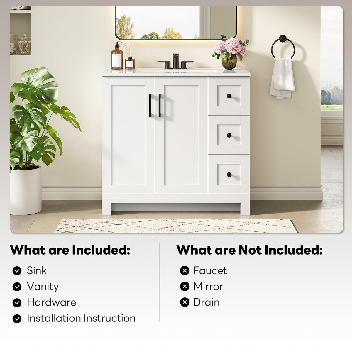 36" White Bathroom Vanity with Sink, 2 Soft-Close Drawers & Doors X720100