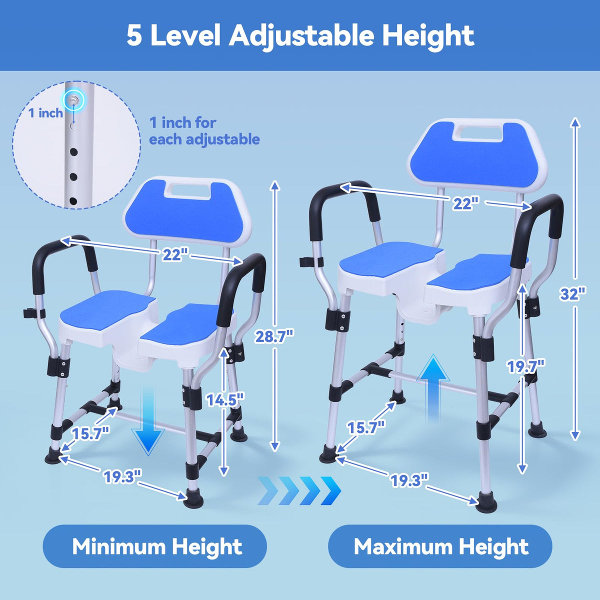 U-Shaped Shower Chair, 400 lbs Capacity, Adjustable Height, Blue I955