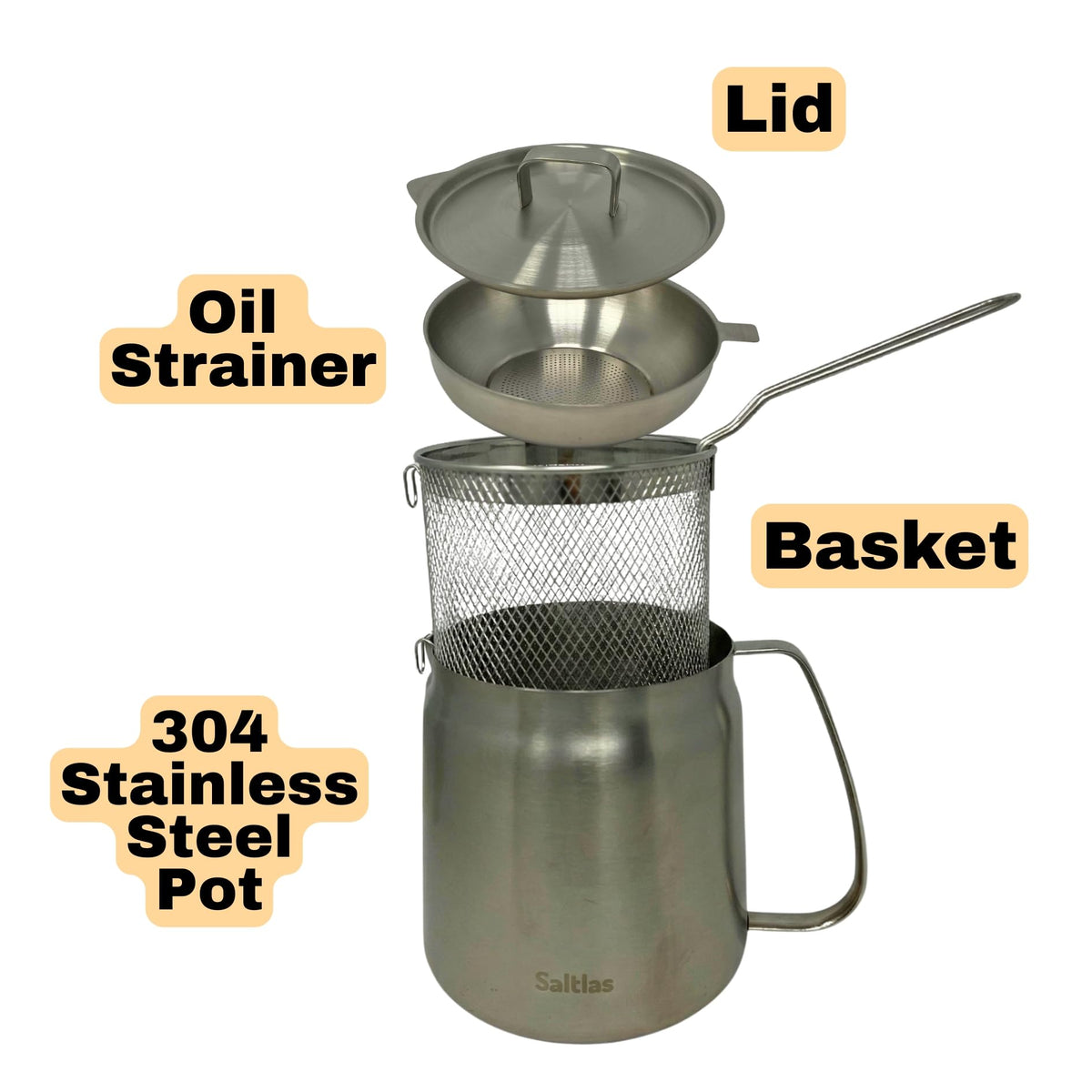 304 Stainless Steel Deep Fryer Pot with Basket and Oil Strainer, 3.5 L I280