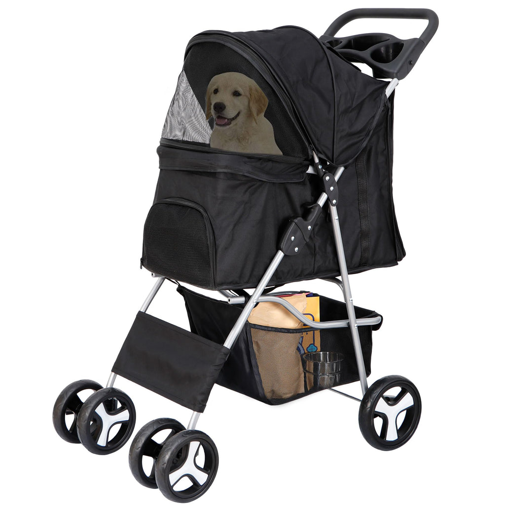 4 Wheels Foldable Pet Stroller with Storage Basket and Cup Holder M24985
