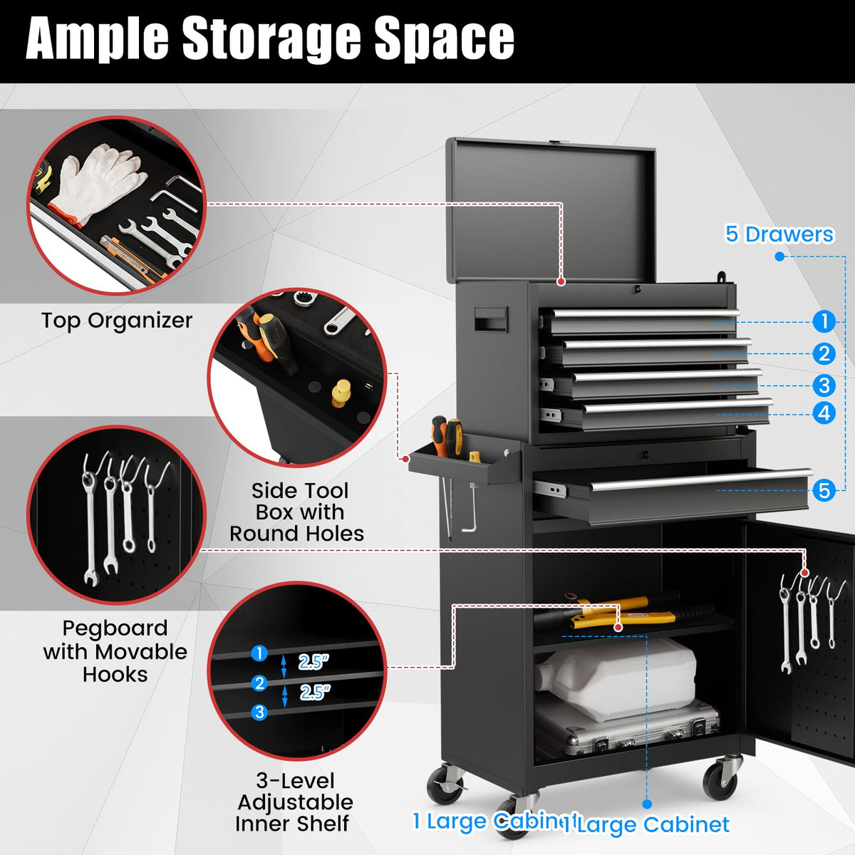 5 Drawer Rolling Metal Tool Chest with Detachable Top Toolbox A637042