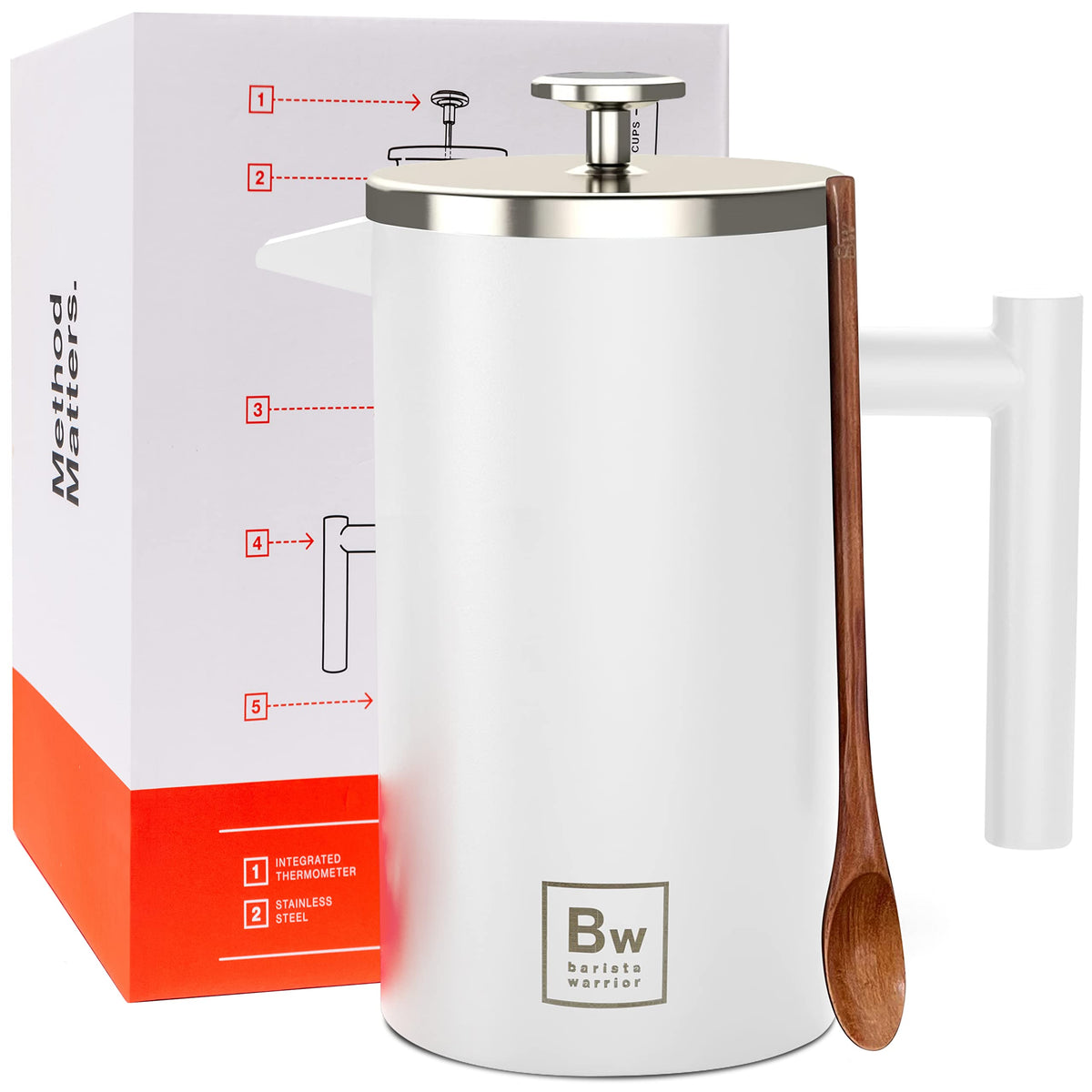 White Double-Wall Stainless Steel Insulated French Press with Thermometer P175