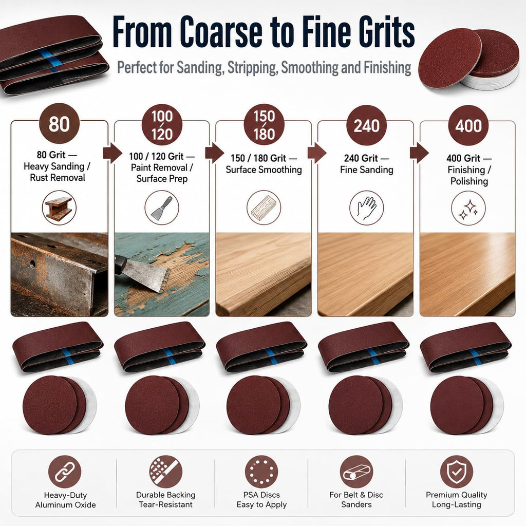34 Pieces Sanding Belts and PSA Sanding Discs Set Alumina K348001