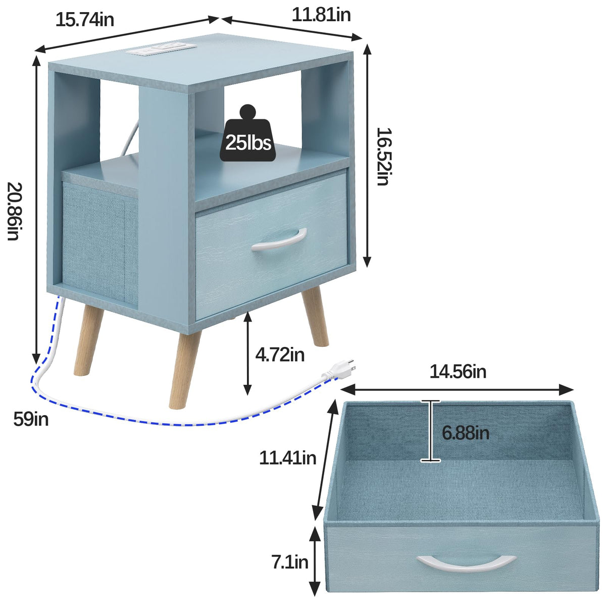 Blue Nightstand with Charging Station, 2-Tier Wooden Bedside Table V79515