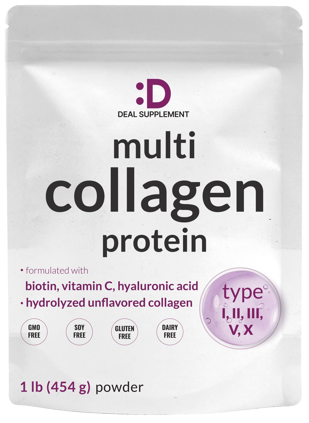 Multi Collagen Protein Powder, 1Lb Type I II III V X Peptides with Biotin Vitamin C & Hyaluronic Acid, Unflavored Z3106