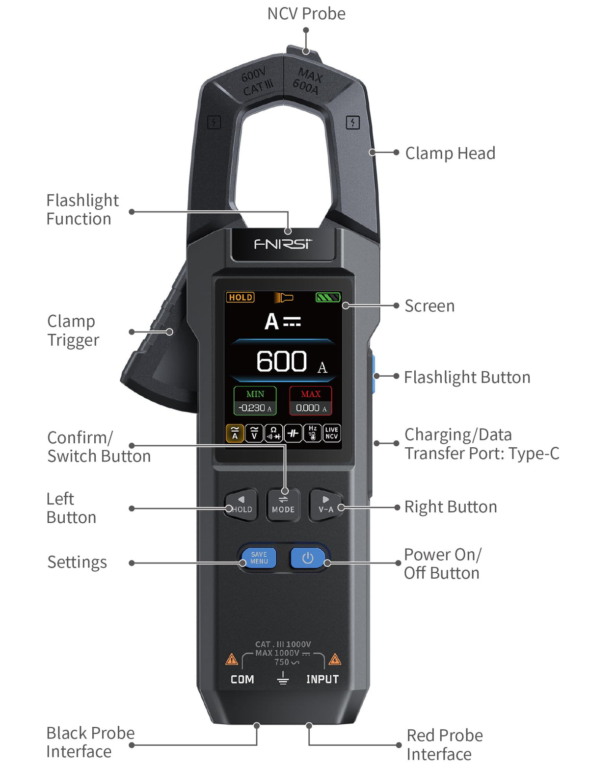 Clamp Meter 9999 Counts TRMS 600A AC/DC J3248