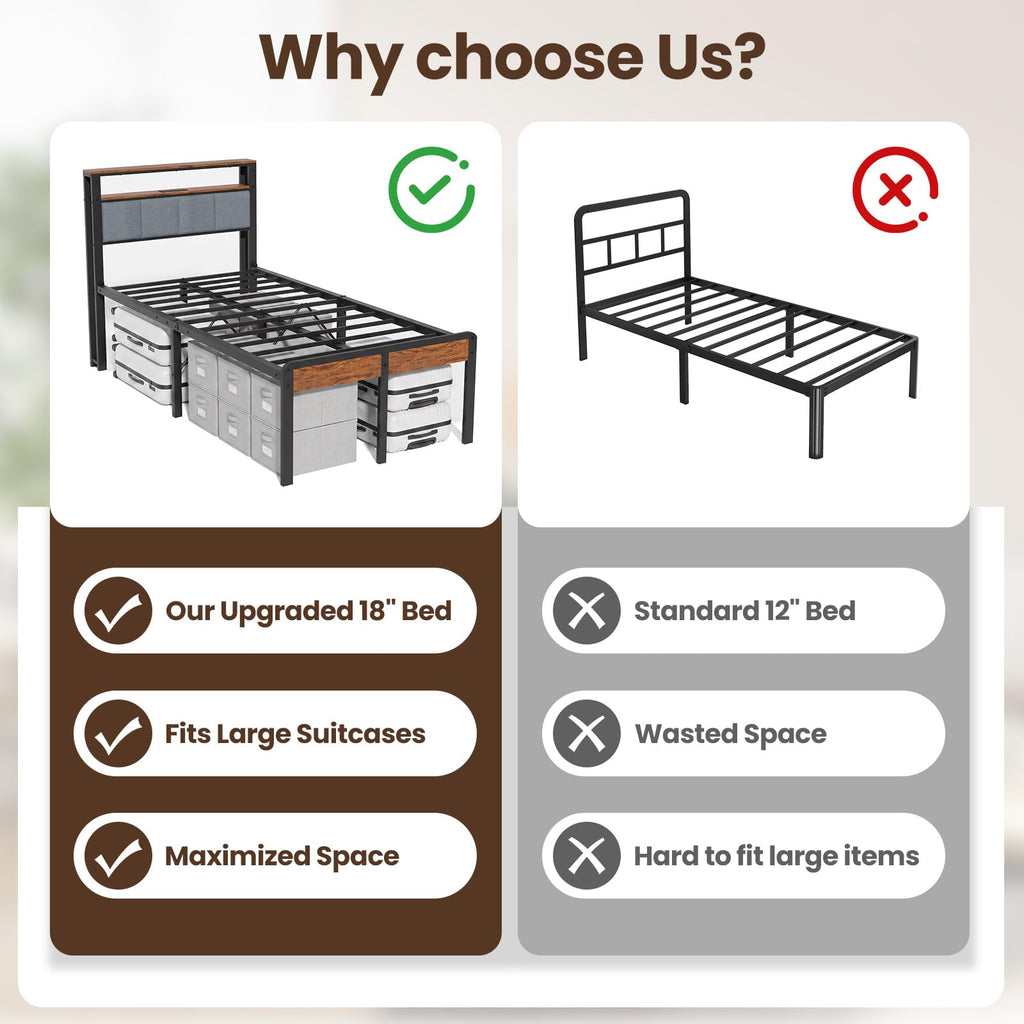 Twin Bed Frame with 18-Inch Under-Bed Storage and RGB LED Lights E2433