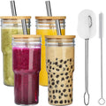 4-Pack 24 OZ Glass Cups with Bamboo Lids and Straws S2701