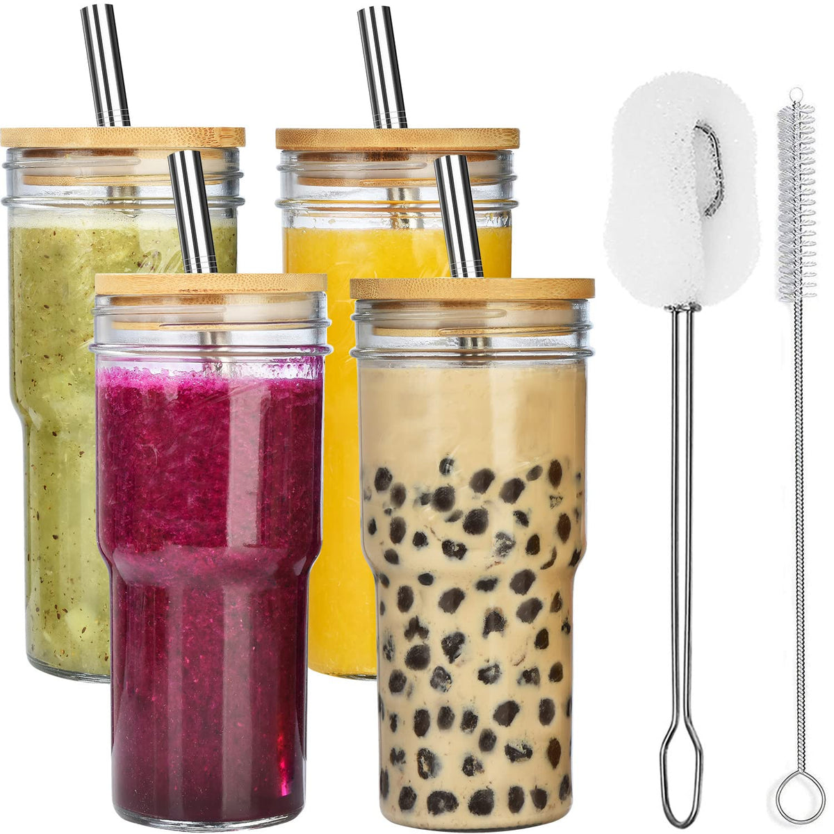 4-Pack 24 OZ Glass Cups with Bamboo Lids and Straws S2701