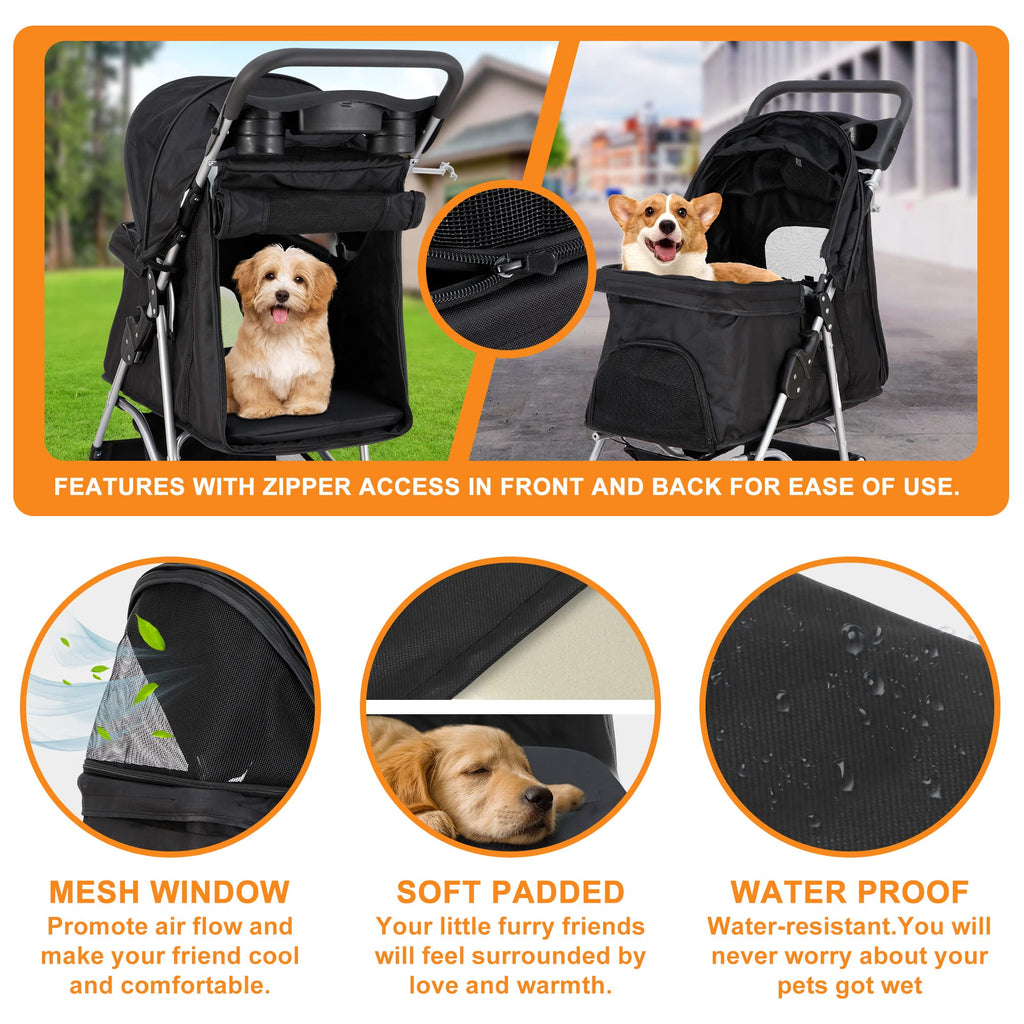 4 Wheels Foldable Pet Stroller with Storage Basket and Cup Holder M24985