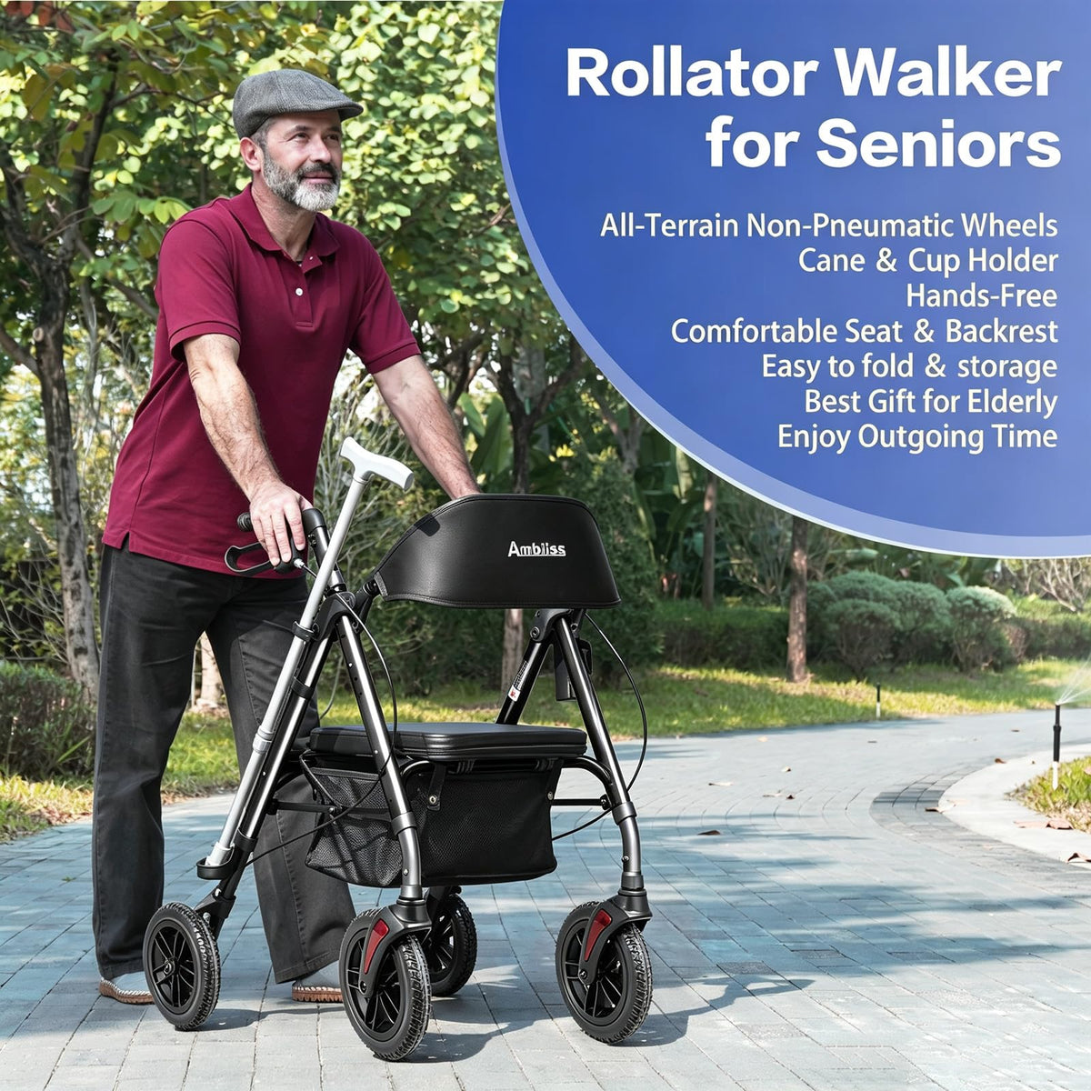 Lightweight Folding Rollator Walker with Seat, 10" All-Terrain Wheels, Black B972418